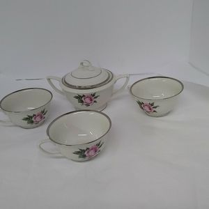 Royal Jackson Fine china 3 Cups 1 Sugar Dish 5pc Pink Rose w/ Silver Trim Patt..